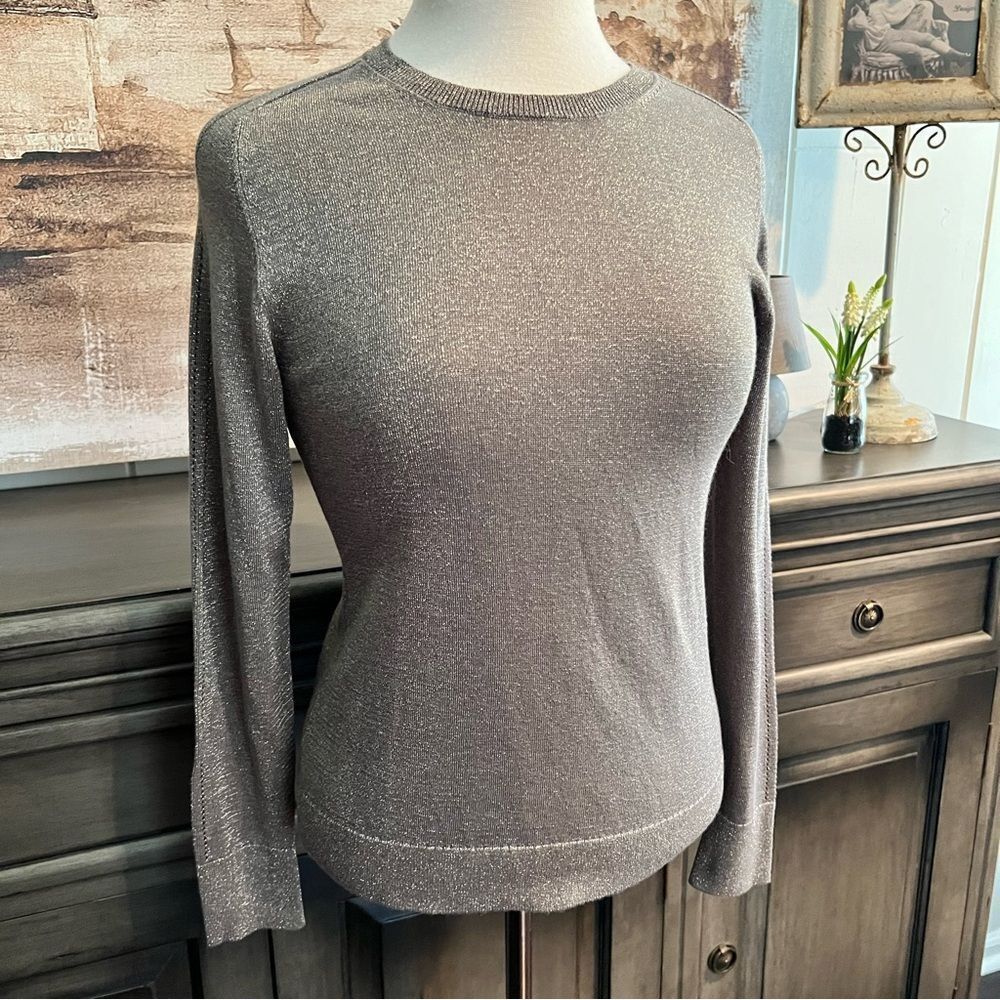 Ann Taylor Gray Metallic Stretchy Long Sleeve Top size Small